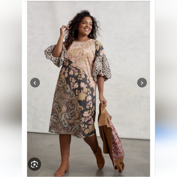 Anthropologie X Kachel Dress Evangeline Puff Sleeve Patchwork Midi Dress Size X - Picture 4 of 10